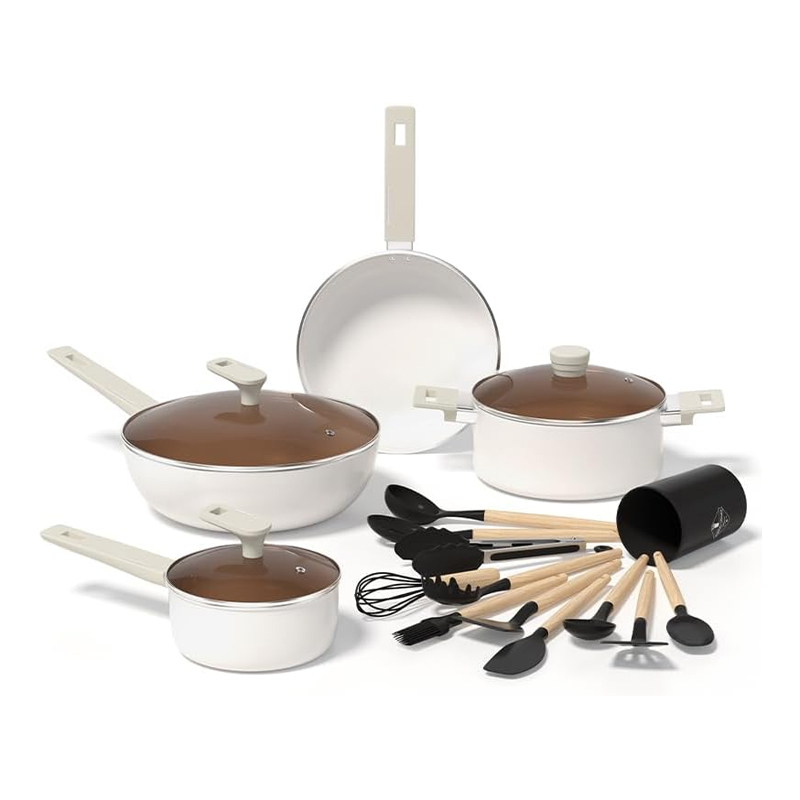 Juego de utensilios de cocina antiadherentes de cerámica con mango blanco